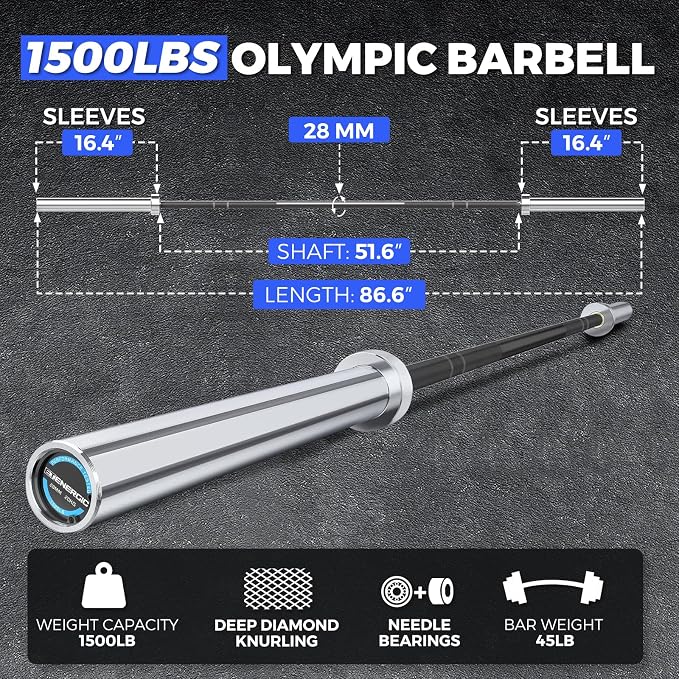 7FT Alloy Steel Olympic Barbell, 1500LB 45LB | 28mm knurled grip bar with needle bearings, chrome finish, 2-inch plate fit, and 1500LB capacity for heavy lifts