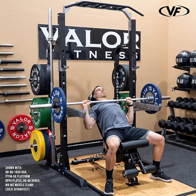 Valor Fitness Half Rack Squat Machine - 5 Position Multi-Grip Pull Up Station - Adjustable Height, Plate Storage, Bar Storage and Resistance Band Pegs – 750lbs.- Optional Weightlifting Platform Bundle