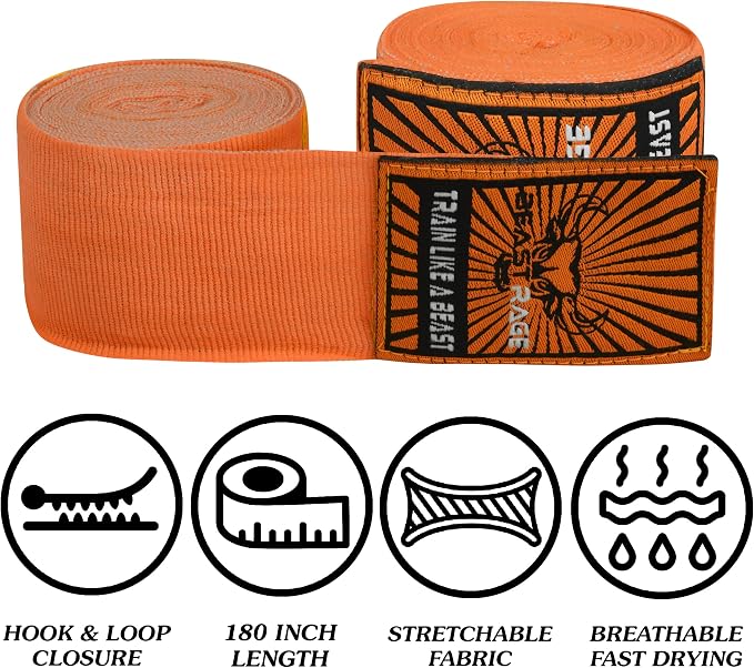 BEAST RAGE Boxing Hand Wraps for MMA Kickboxing Wrist Wraps Professional Adult 180" Semi-Elastic Martial Arts Inner Gloves Heavy Bag Handwraps Muay Thai Thumb Straps