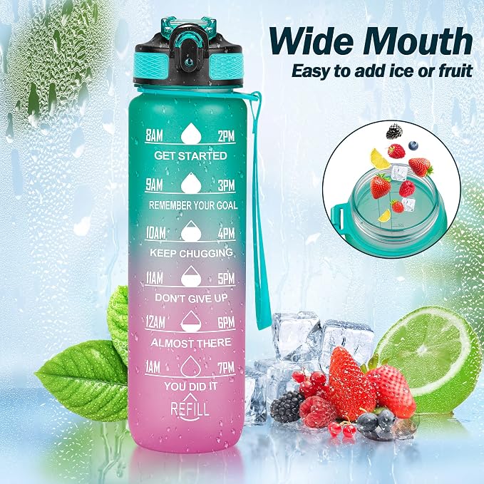 YC Kitchen Motivational Water Bottle with Time Marker - 32oz, Leak-proof BPA Free Sports Water Bottles with Straw & Carrying Strap