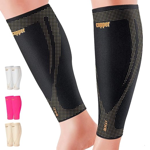 Copper Calf Compression Sleeves for Men & Women - Shin Splints Relief | High Stretch Graduated Compression with Anti-Slip Grip | Breathable & Smooth Lining Footless Design for Runner