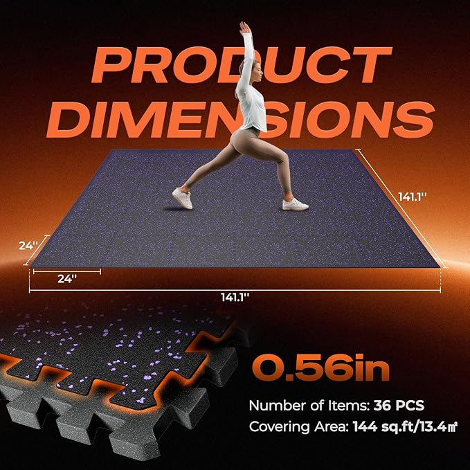 SUPERJARE 0.56'' Thick 36 Pcs 144 Sq Ft Rubber Top Exercise Equipment Mats, High Density EVA Foam Mats with Rubber Top, Interlocking Gym Flooring for Home Gym, Protective Workout Mat, Black/Purple