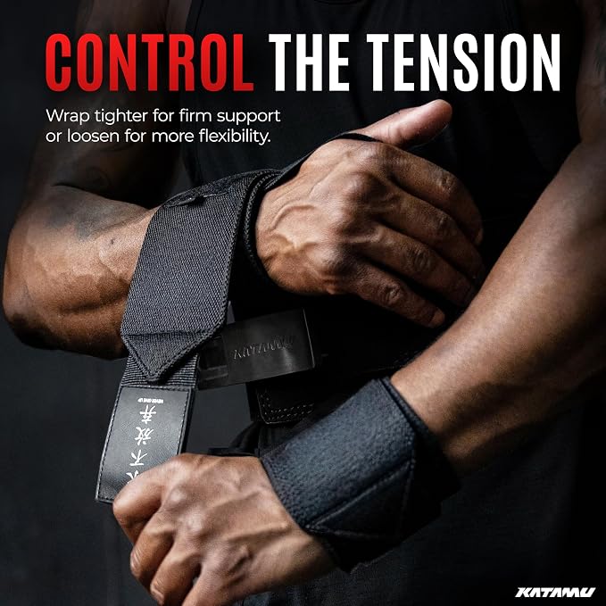 Katamu Never Give Up Premium Wrist Wraps for Weightlifting — 18 Inch | Cotton Wrist Support with Thumb Loop for Powerlifting, Bodybuilding and Bench Press, Pair