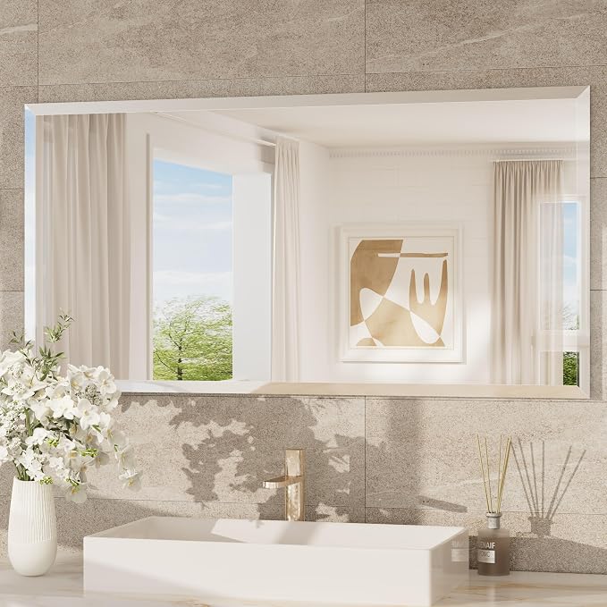 48x24 Beveled Frameless Bathroom Mirror Decorative, Bathroom Vanity Mirrored with 1" Beveled Edge, Shatterproof Modern Frameless Mirror Rectangle for Living Room, Entryway, Restroom