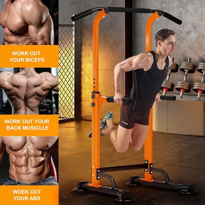 DlandHome Power Tower Pull Up Bar Dip Station,Adjustable Height Dip Stand | Multi-Function Fitness Equipment for Strength Training Home Gym,Stable Steel Frame for Pull Ups Dips Push Ups,Supports 330LBS