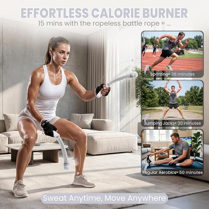 Ropeless Battle Ropes with Adjustable Weight, 2 Pack, Gray | Adjustable weighted ropeless battle ropes with removable resistance rings for full-body HIIT workouts.