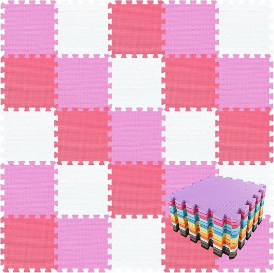 qqpp EVA Rubber 18 Tiles Interlocking Puzzle Foam Floor Mats - Baby Play Mat for Playing | Exercise Mat for Home Workout. White, Pink, Red. QC-ACIb18N