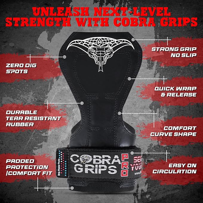 Cobra Grips Weight Lifting Gloves with Adjustable Neoprene Padded Wrist Wraps - Heavy Duty Alternative to Power Lifting Hooks for Deadlifts