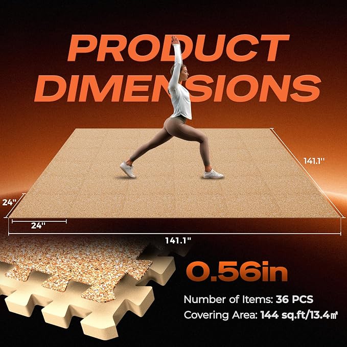 SUPERJARE 0.56'' Thick 36 Pcs 144 Sq Ft Rubber Top Exercise Equipment Mats, High Density EVA Foam Mats with Rubber Top, Interlocking Gym Flooring for Home Gym, Protective Workout Mat, Wood