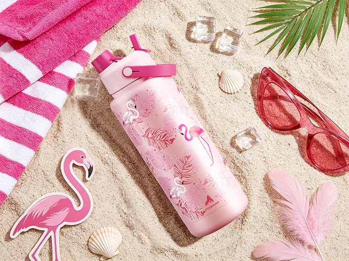 POWCAN 40 oz Insulated Water Bottle with 2-in-1 Straw and Spout Lid, Glow-in-the-Dark, 24H Cold, Leakproof, BPA-Free, Double Wall Stainless Steel for Sports, Gym, Travel, School (Sun-Kissed Flamingo)
