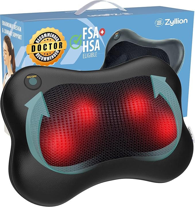 Zyllion ZMA-13 Back and Neck Massager with Heat for Pain Relief, Black | Shiatsu, Deep Tissue, 3D, Electric, Kneading, Massage Pillow, Muscle Therapy, Doctor Recommended, Car Adapter, Not Cordless