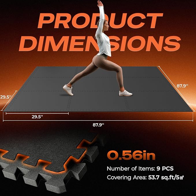 SUPERJARE 30" x 30" Larger Rubber Top Exercise Equipment Mats, 0.56" Thick 9PCS 56.3 Sq Ft High-Density EVA Foam Interlocking Gym Flooring, Big Workout Mat for Home Gym, Floor Protection, Black