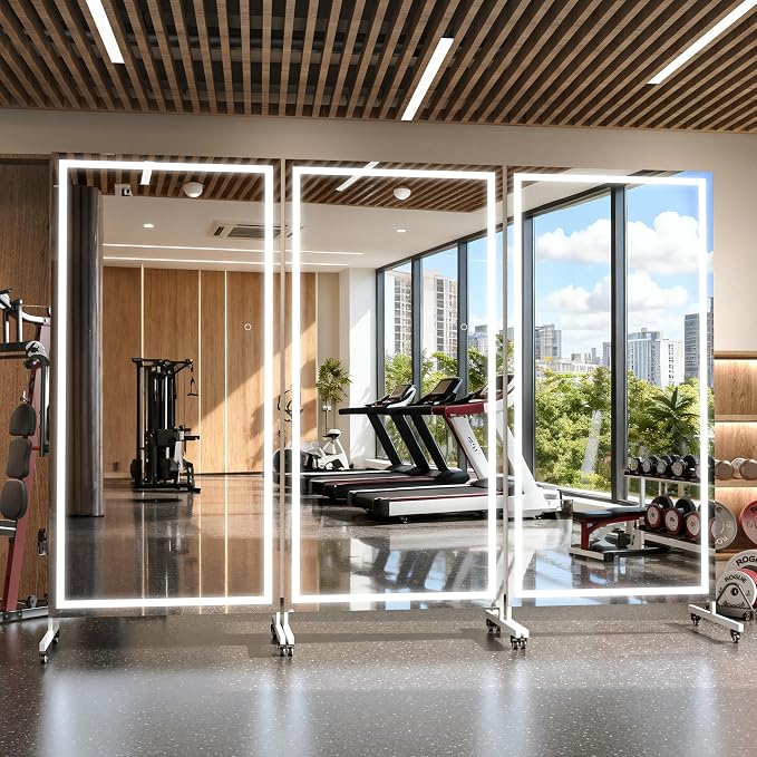 Hasipu 79" x 40" LED Full Length Mirror on Wheels, 360° Swivel, White | 3-color dimmable brightness, tempered glass & metal frame, lockable wheels, sturdy stand, for gym, yoga, studio & bedroom.