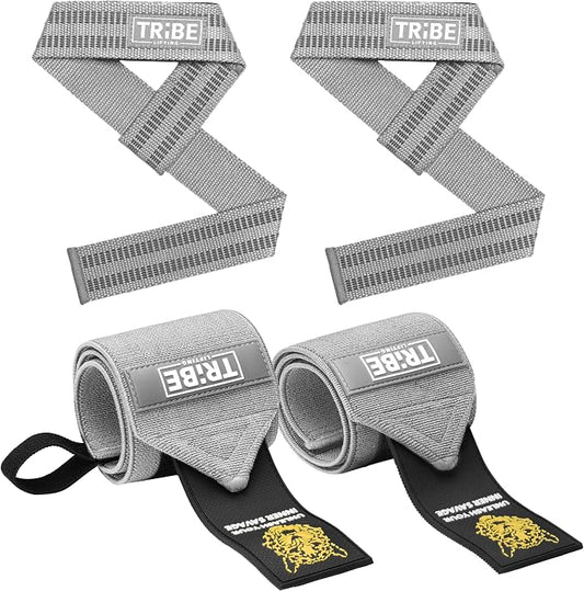 21-Inch Wrist Wraps and 24-Inch Lifting Straps Set for Weightlifting | Heavy-duty wrist support wraps, anti-slip silicone grip straps with padded loops, reinforced stitching for heavy lifts