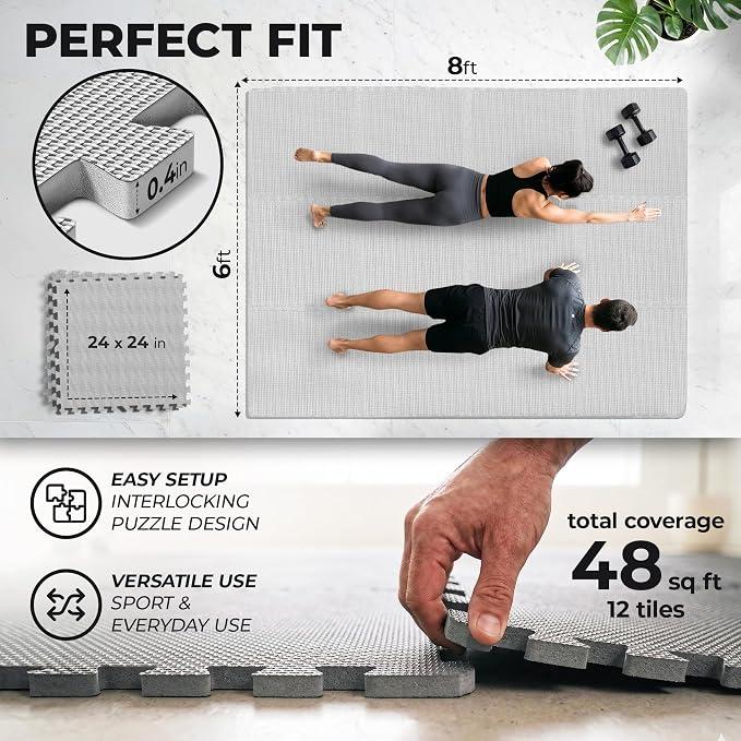 bemaxx Gym Mats Set - 12 pcs EVA Interlocking Foam Floor Tiles (24.4"x24.4"x0.4") 48 sqft Protective Gym Flooring Sports Home Workout Exercise Mats Puzzle Garage Fitness Play-Room Pool Treadmill Bike
