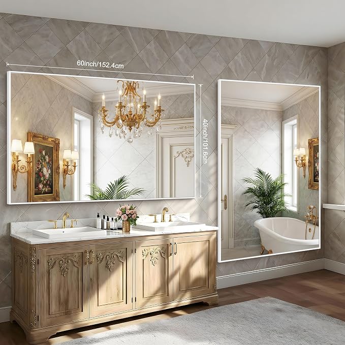 BONEWEI White Bathroom Mirror,60x40 inch Wall Mirror for Bathroom Wall Mounted,Large Rectangle Mirror for Bathroom Over Sink,Modern Metal Frame for Living Room,Bedroom Entryway,Horizontal/Vertical