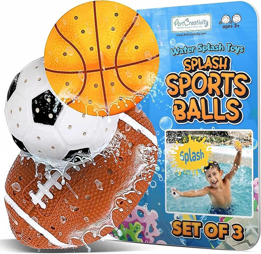 ArtCreativity Pool Toys for Toddlers 1-3, Splash Sports Balls Water Toys, 3 Different Athletic Water Ball Designs Include Football, Basketball & Soccer Ball, Spongy Pool & Bath Toys for Kids Ages 4-8