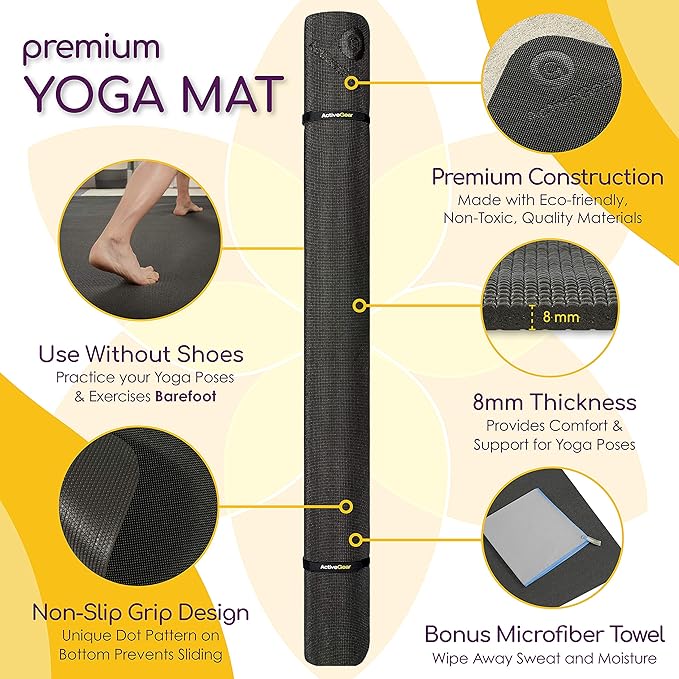 ActiveGear Large Yoga Mat, 6'x4'x8mm Extra Thick Non-Slip - Black | 8mm high-density padding for barefoot comfort. Non-slip on any floor. Includes carry bag, straps and microfiber towel.