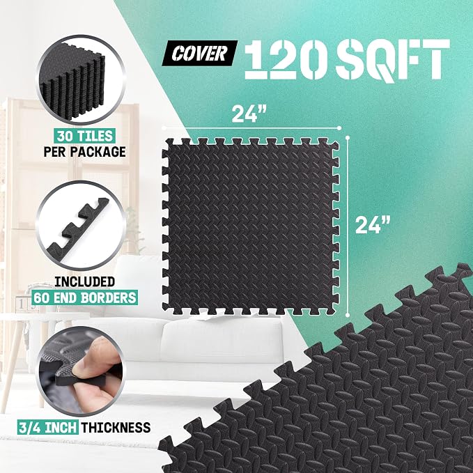 Yes4All 24SQFT-120SQFT Puzzle Exercise Mat for Home Gym, EVA Interlocking Foam Floor Tiles with Border for Workout Equipment