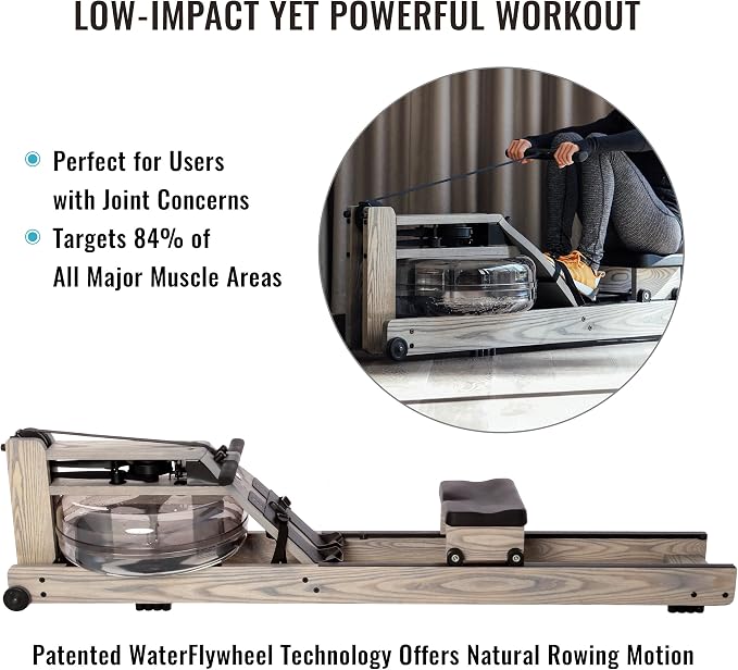 Water Rower Rowing Machine for Home Use, Solid Ash Wood Rower | Water Resistance with Smooth Natural Feel. Full Body Low Impact Cardio Trainer. Upright Space Saving Storage.