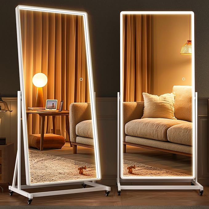 Full-body Rolling Mirror with LED Lights and Wheels, 65" x 24" Home Gym Mirrors with 360° Rotation, Dimmable & 3 Color Lighting Cloakroom, Tempered Glass & Metal Frame, Use for Bedroom, Dance Studio