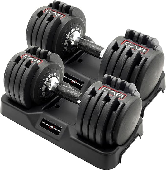 CAP ADJUSTABELL Adjustable Dumbbell Set, Premium Quick Select Adjustable Weights for Strength Training, Singles & Pairs, 12.5 LB, 25 LB & 55 LB, Round & Hex Dumbbells, Multiple Grip Handle Options