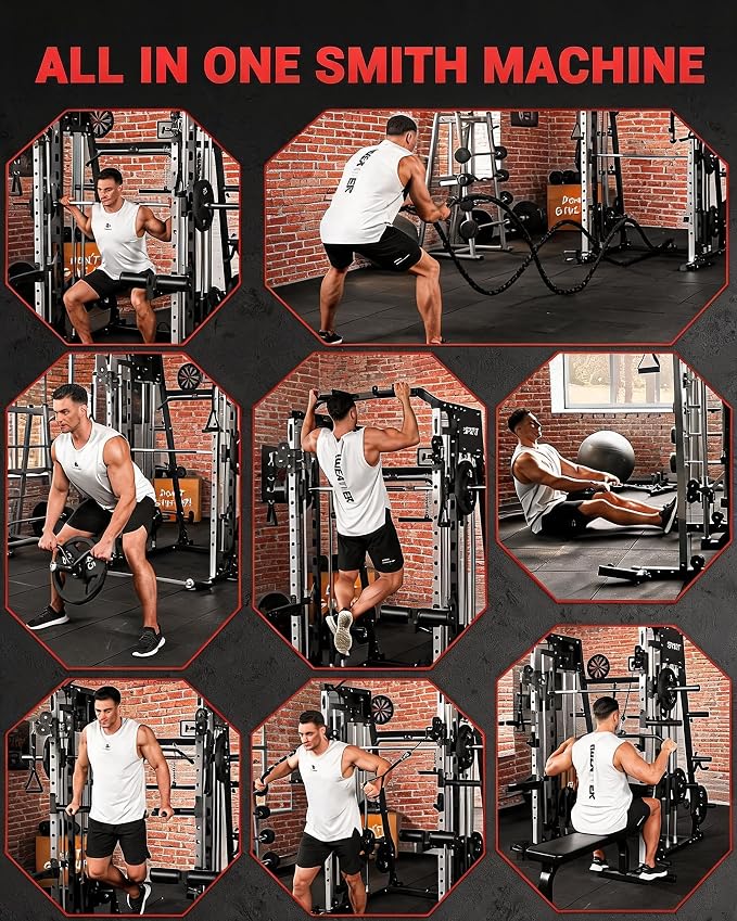 Garvee Smith Machine Home Gym, 2200LBS Power Cage Squat Rack with Smith Bar | With Cable Crossover, LAT Pull-Down & Leg Hold-Down - Multi-Functional Strength Training Equipment for Home, Red