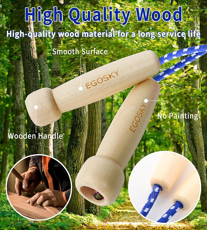 Jump Rope for Women Men Kids, EGOSKY Adjustable Wooden Handle Skipping Rope for Adult Boys Girls Fitness Exercise Outdoor Activity (Blue)