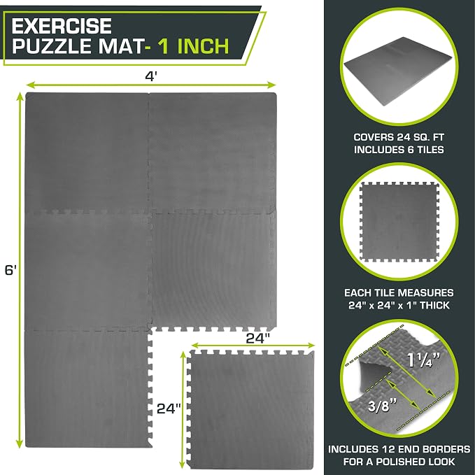 ProsourceFit Weaved Pattern Extra Thick Exercise Puzzle Mat 1-inch, EVA Foam Interlocking Tiles for Protective, Cushioned Flooring for Home and Gym Equipment; Grey, 24 SQ FT, 6 Tiles