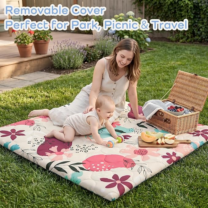 1.6" Thick Baby Play Mat, 50x50 Removable & Machine Washable Cover | Padded Memory Foam, Non-Slip Backing, 100% Baby-Safe Materials, Tummy Time Crawling, Outdoor, Bedroom, Living Room, Nursery