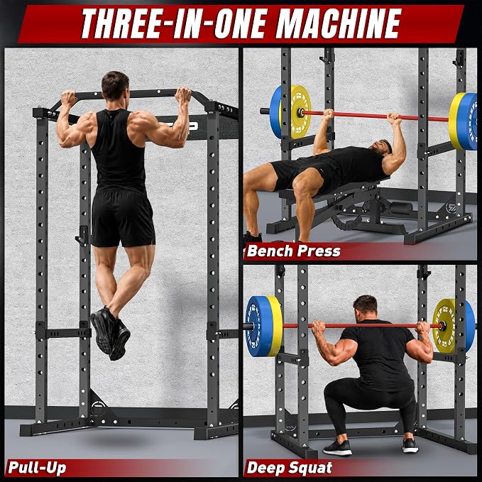 RitKeep Power Rack, Adjustable Multi-Function Squat Rack for Home Gym | 3-in-1 Power Cage with 1200LB Capacity, J-hooks, safety bars and multi-grip pull-up bar for strength training -RMAX 2250