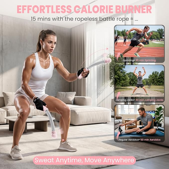 Ropeless Battle Ropes with Adjustable Weight, 2 Pack, Pink | Adjustable weighted ropeless battle ropes with removable resistance rings for full-body HIIT workouts.