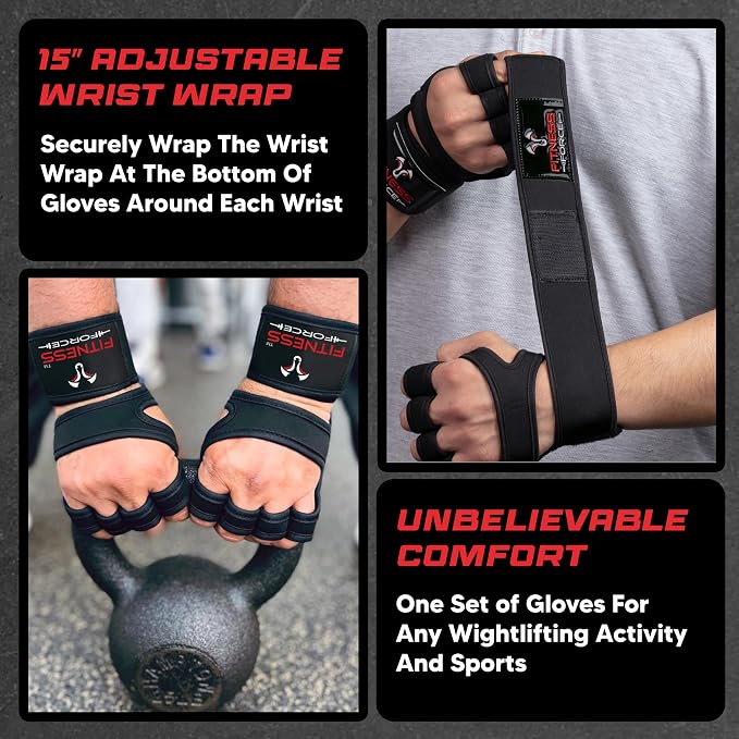 FITNESS FORCE Ventilated Weight Lifting Workout Gloves for Men & Women | Gym Gloves for Men & Women with Built-in Wrist Wraps for Men, Exercise Gloves for Weightlifting, Cycling & Cross Training