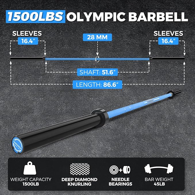 7FT Alloy Steel Olympic Barbell, 1500LB 45LB | 28mm knurled grip bar with needle bearings, chrome finish, 2-inch plate fit, and 1500LB capacity for heavy lifts
