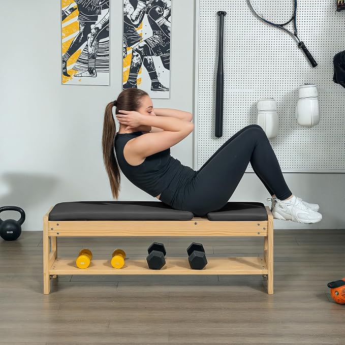 Soozier Adjustable Weight Bench with Dumbbell Rack Wooden Gym | Flat or Incline Design, Home Gym Weight Lifting Training