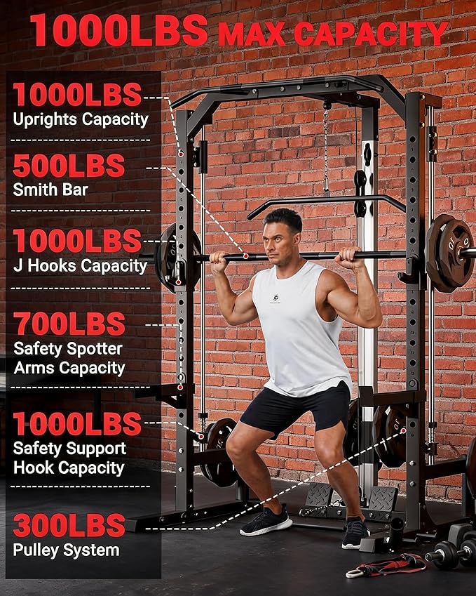 Garvee Smith Machine Home Gym - Multi-Functional Squat Power Rack with Barbell Bar, Cable System, LAT Pulldown, Safety Spotter Arms, J Hooks, Landmine - Strength Training Equipment for Home | With Barbell Bar, Cable System, LAT Pulldown, Safety Spotter...