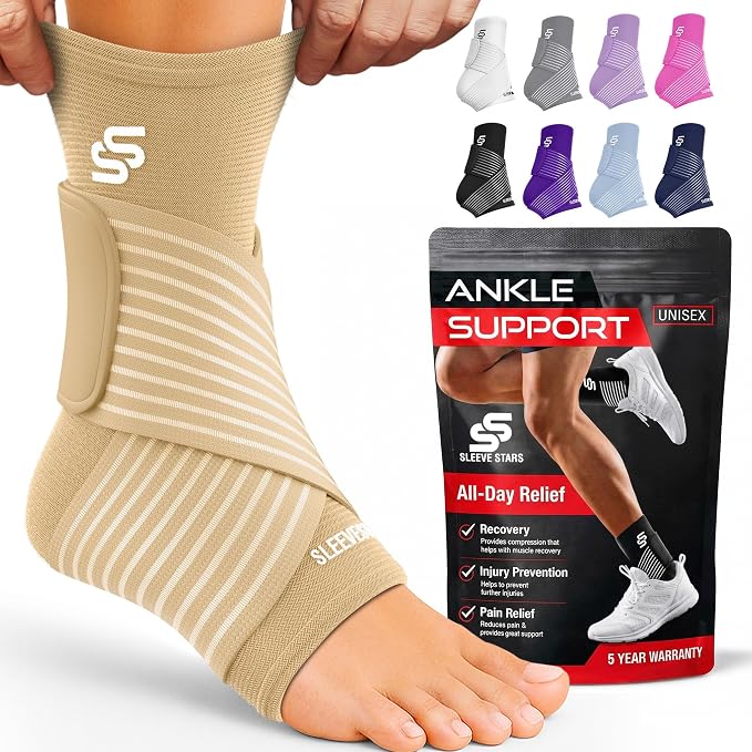 Sleeve Stars Ankle Brace for Women & Men, Ankle Wrap for Sprained Ankle, Compression Sleeve for Plantar Fasciitis Relief, Easy Customizable Support: w/Removable Strap (Single/S:9"-10"/Beige)