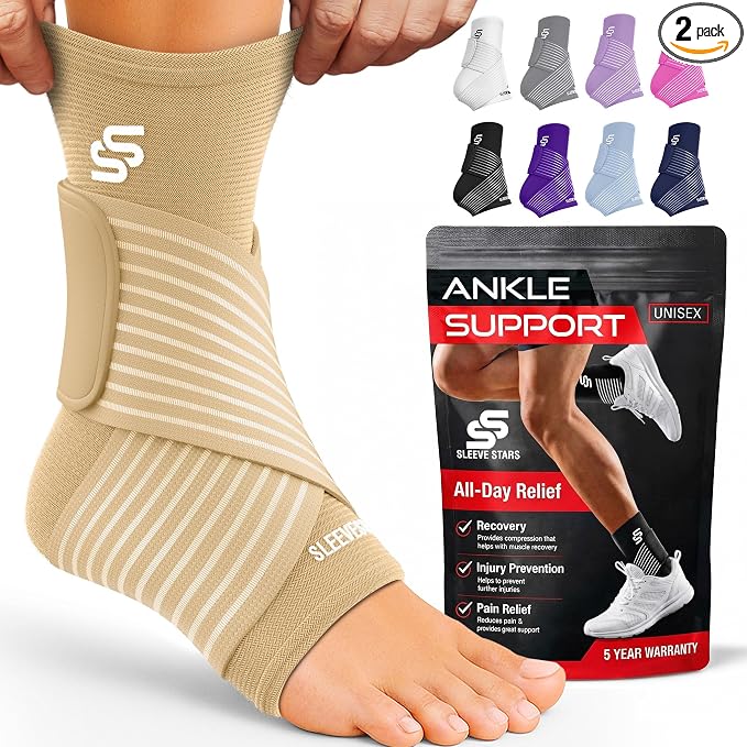 Sleeve Stars Ankle Brace for Women & Men, Ankle Wrap for Sprain, Compression Sleeve for Plantar Fasciitis Relief, Easy Customizable Support: w/ Removable Strap (Pair/M:10"-12"/Beige)