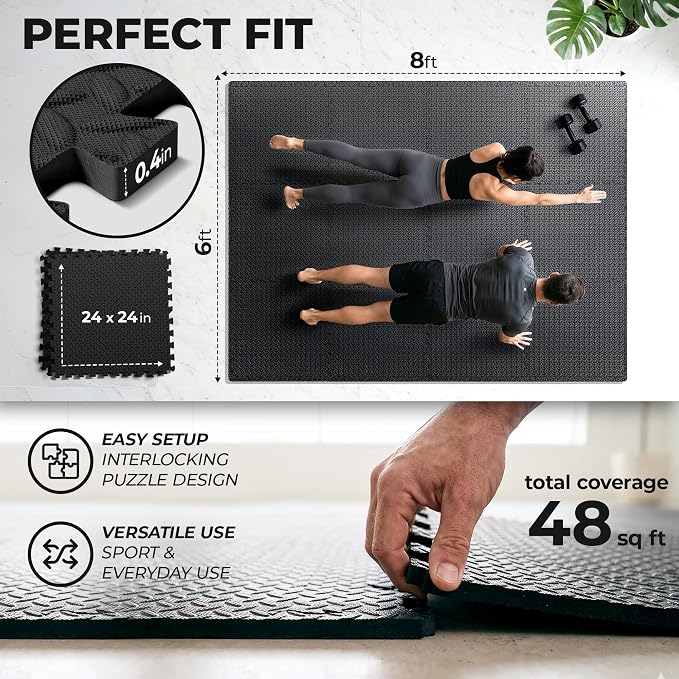 bemaxx Gym Mats Set - 12 pcs EVA Interlocking Foam Floor Tiles (24.4"x24.4"x0.4") 48 sqft Protective Gym Flooring Sports Home Workout Exercise Mats Puzzle Garage Fitness Play-Room Pool Treadmill Bike