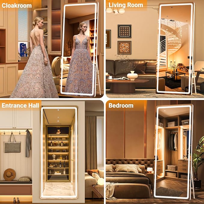 Full Length Mirror with Lights, 56" x 15.8" LED Lighted Floor Standing Body Mirror, Dimmable & 3 Color Lighting for Cloakroom, Dressing Room, Tempered Glass, Rounded Corner Black