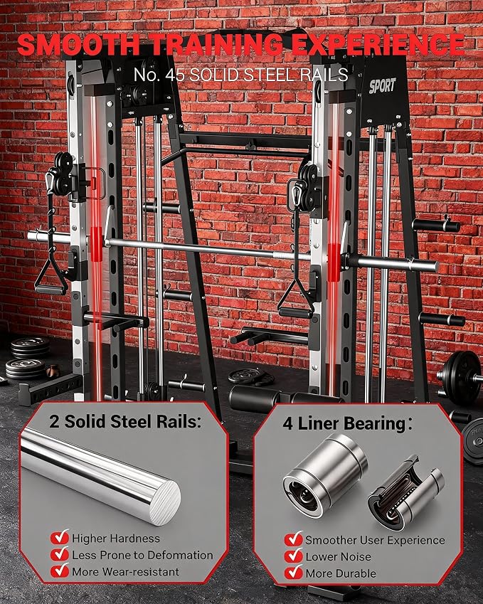 Garvee Smith Machine Home Gym, 2200LBS Power Cage Squat Rack with Smith Bar | With Cable Crossover, LAT Pull-Down & Leg Hold-Down - Multi-Functional Strength Training Equipment for Home, Red