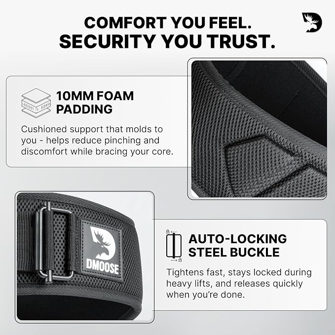 DMoose Fitness Weight Lifting Belt for Squats, Deadlift & Intense Workout - 6" Adjustable Fit Auto Lock Weightlifting Belt for Men & Women - Neoprene Gym Belts for Stability & Lumbar Back Support