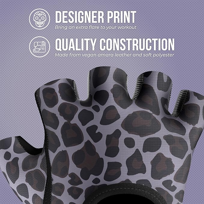 Contraband Pink Label 5297 Womens Design Series Leopard Print Lifting & Rowing Gloves (Pair) - Lightweight Vegan Medium Padded Microfiber Amara Leather w/Griplock Silicone