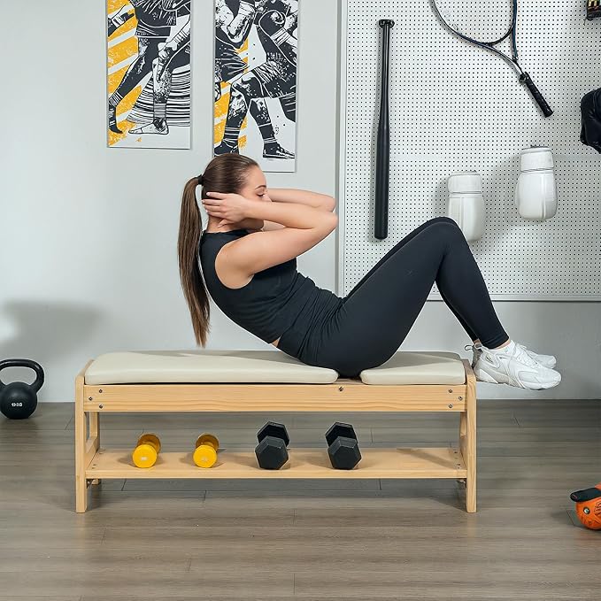 Soozier Adjustable Weight Bench with Dumbbell Rack Wooden Gym | Flat or Incline Design, Home Gym Weight Lifting Training