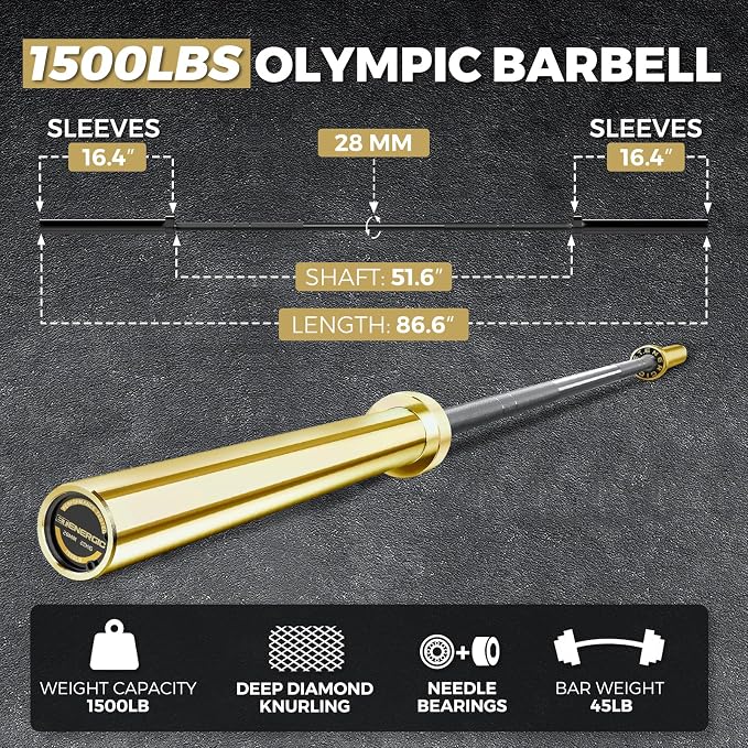 7FT Alloy Steel Olympic Barbell, 1500LB 45LB | 28mm knurled grip bar with needle bearings, chrome finish, 2-inch plate fit, and 1500LB capacity for heavy lifts