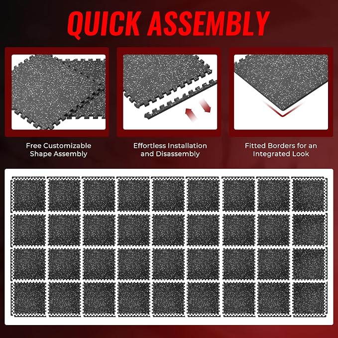 SUPERJARE 0.79'' Extra-Thick Exercise Equipment Mats, 36 Pcs 144 Sq Ft Rubber Top Floor Tiles with High Density EVA Foam, Interlocking Gym Flooring for Home Gym, Workout Mat, Black/Grey