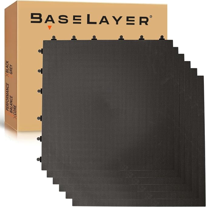 Baselayer CORE Series Interlocking Floor Tiles - Durable ½ in TPE (Rubber Like, NOT Foam, no Odor) - Gym Flooring for Stretching, Yoga, Pilates - Black, 15 SqFt (6 Pack) - Made in USA