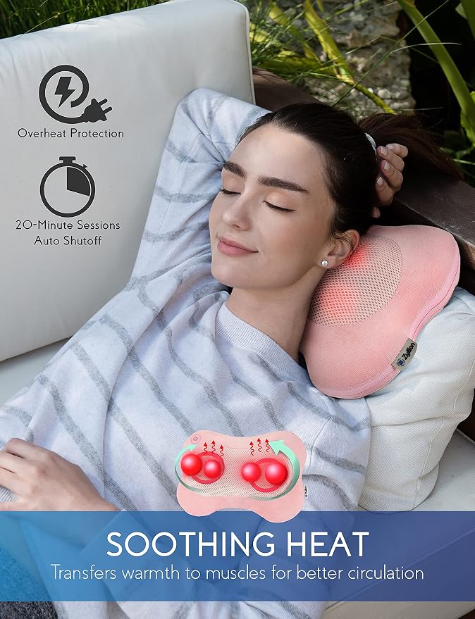Zyllion ZMA-13 Back and Neck Massager with Heat for Pain Relief, Pink | Shiatsu, Deep Tissue, 3D, Electric, Kneading, Massage Pillow, Muscle Therapy, Doctor Recommended, Car Adapter, Not Cordless