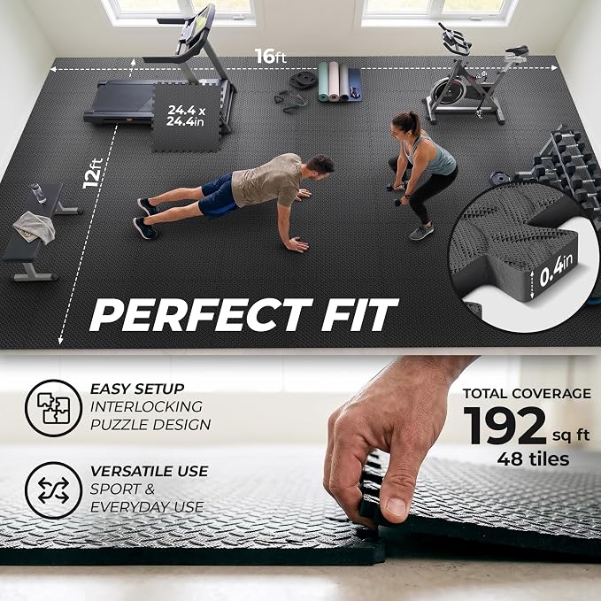 bemaxx Gym Mats Set - 48 pcs EVA Interlocking Foam Floor Tiles (24.4"x24.4"x0.4") 192 sqft Protective Gym Flooring Sports Home Workout Exercise Mats Puzzle Garage Fitness Play-Room Pool Treadmill Bike