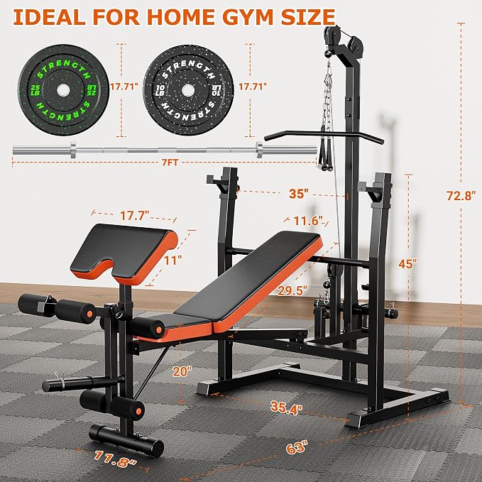 Fostoy Olympic Weight Bench with Lat Pulldown, Squat Rack & Leg Curl | Adjustable,Cable Row, Squat Rack, Leg Developer, Preacher Curl, Multi-Angle Backrest, Full Body Strength Training